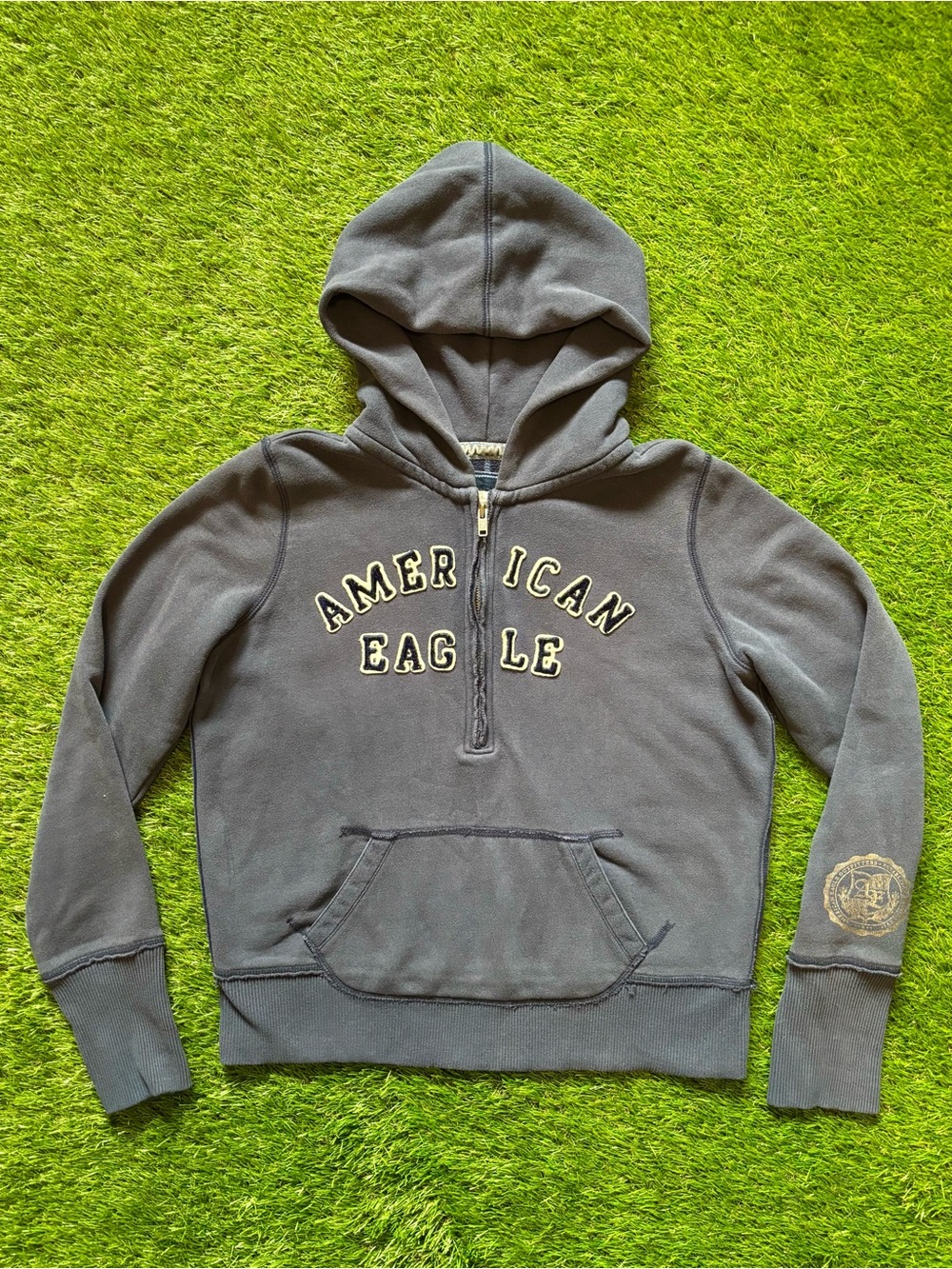 American Eagle Outfitters Navy Blue Quarter Zip Logo Hoodie Medium